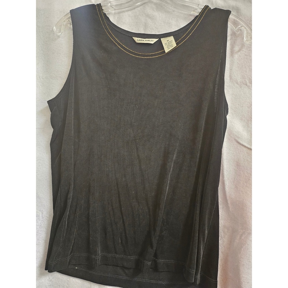 Laura Ashley Vintage Black Tank Top Gold Chain Stitch Scoop Neck Sleeveless M